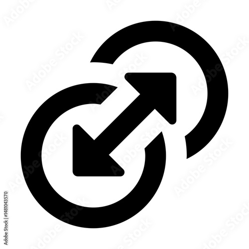 Black and white graphic featuring two overlapping circles with arrows pointing in opposite directions