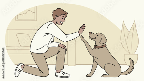 Man playing with dog in living room while smiling and training