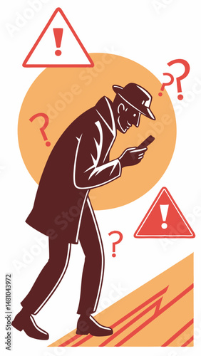 A retired man in a coat and hat gets a call from a scammer, with warning signs in the background