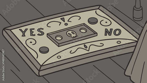 Ouija board with printed 'Yes' and 'No' symbols on wooden surface  