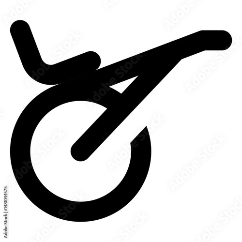 A stylized black and white illustration of a unicycle with a seat and handlebars on a white background design is simple