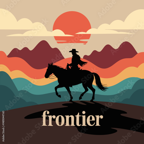 A simple vector illustration of a cowboy riding a horse in the sunset, with a mountains background