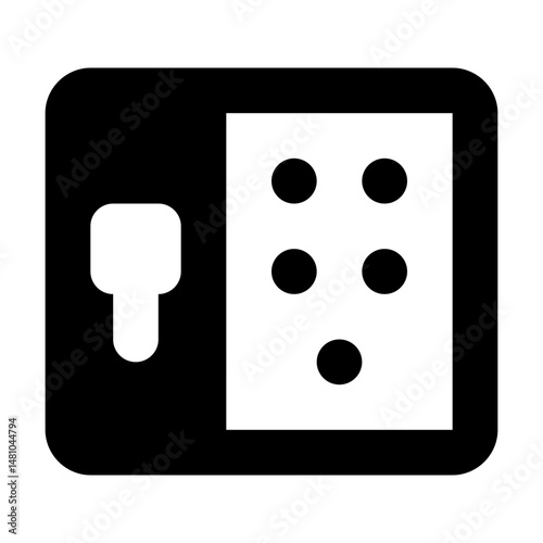 Representation of an intercom system with a handset and braille panel in black and white color scheme