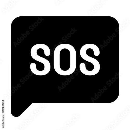 Illustration of a black speech bubble containing the white text sos indicating a need for assistance signal