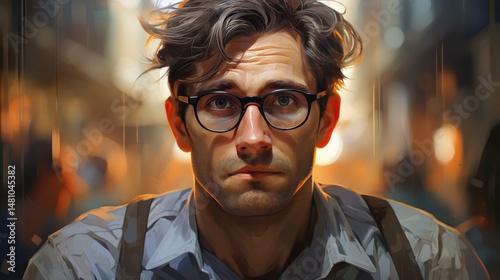 Serious man with glasses and tousled hair in a soft-focus background