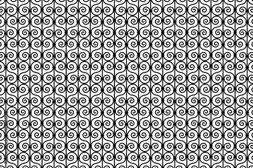 Black and white wrought iron pattern with intricate spirals, scrolls, and symmetrical lattice. Traditional decorative metalwork in flat vector style. Classic elegance, seamless repeat, no subjects.