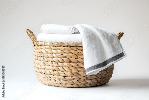 A sleek, simple laundry basket with a neatly folded towel, set on a pristine white background, ideal for home organization or styling