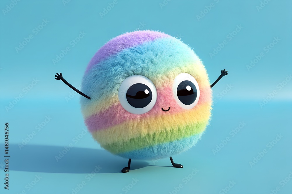 Fototapeta premium Adorable colorful furball cartoon character with big eyes arms and legs on a blue background