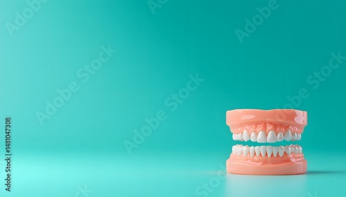 3D model of a realistic dental prosthesis against a teal background.