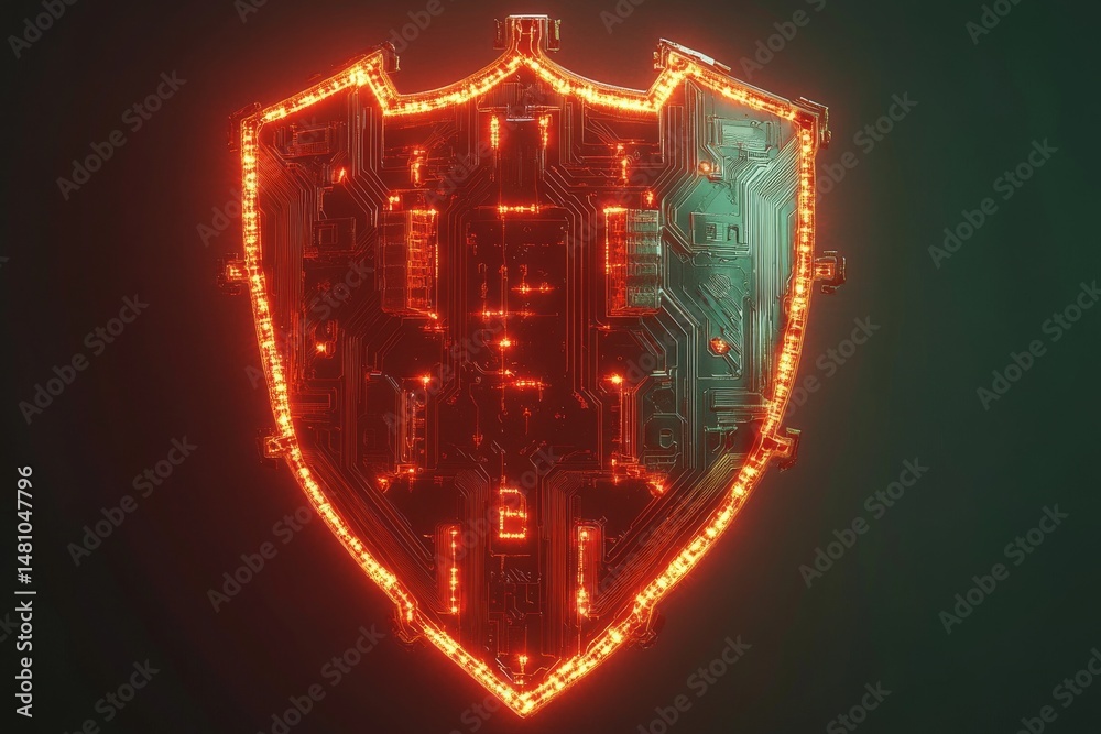 Fototapeta premium Futuristic ai security shield with circuit board patterns for cyber protection theme
