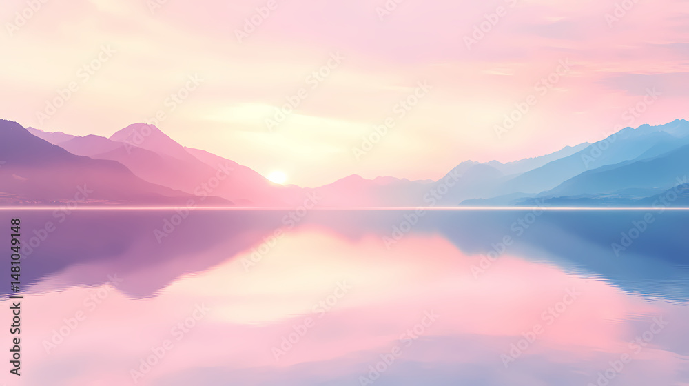 Fototapeta premium Breathtaking panorama of a tranquil lake mirrors distant mountains under a soft pastel sunset sky. [Mirrored Realms] | Twin River | double stream. Illustration