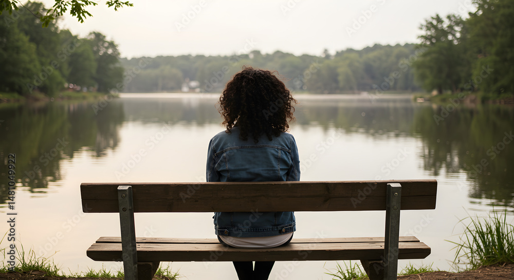 Fototapeta premium A woman sitting alone on a wooden bench beside a quiet lake, reflecting trees and a pale sky, with soft wind gently blowing her hair.