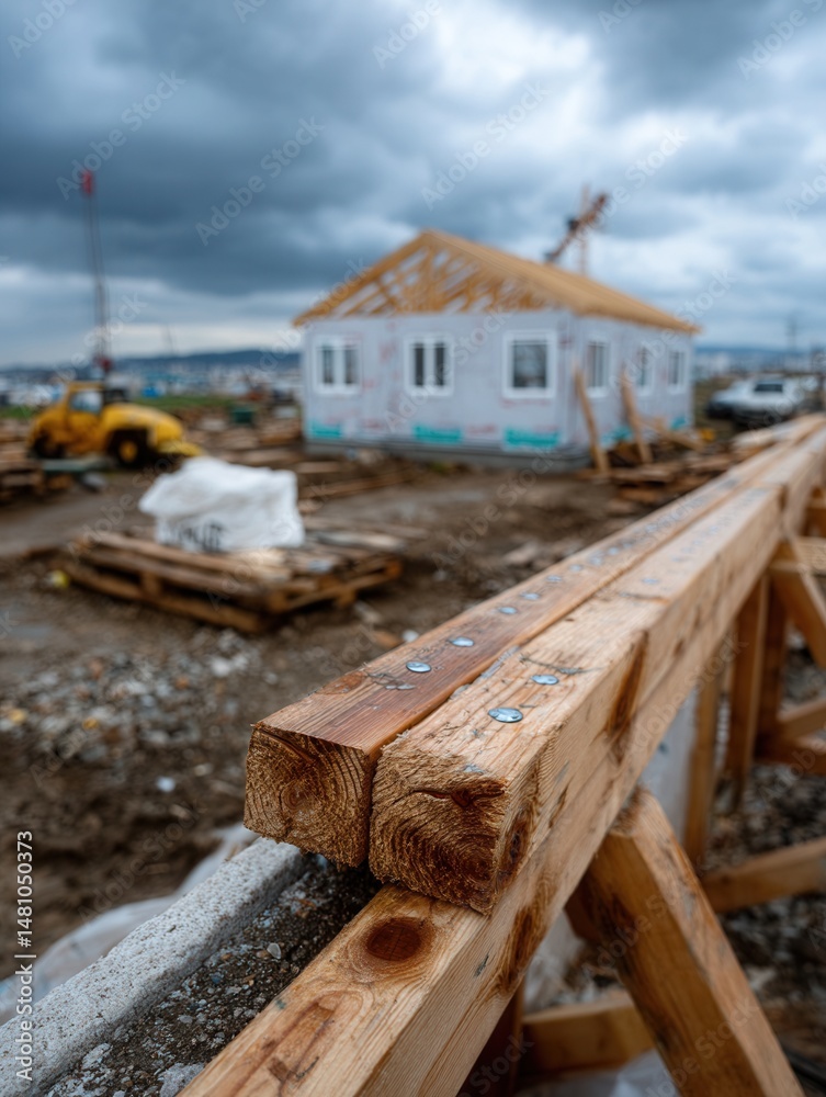 Close-up of wooden construction beam at house building site under cloudy sky with construction equipment and unfinished house in background Close-up of wooden construction beam at house building site under cloudy sky with construction equipment and unfinished house in background