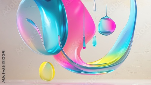 Vibrant, translucent 3D liquid shapes suspended in mid-air, featuring subtle, ombre-like gradients that shift between hues of electric blue, hot pink, and lemon yellow, set against a minimalist=