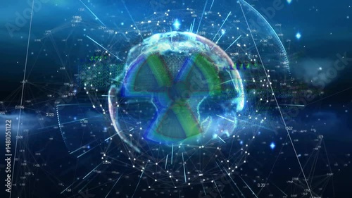 Showing glowing holographic globe focusing on Africa, featuring 3D rendered nodes, numeric data