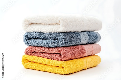 A stack of towels, isolated on a white background, ideal for graphic design or product displays