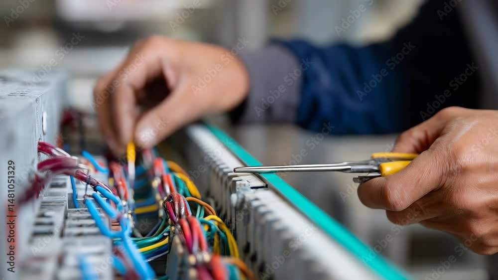 An electrician carefully connects wires in an electrical panel, emphasizing the skill and attention to detail required in this technical profession for safe installations.