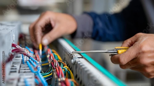 An electrician carefully connects wires in an electrical panel, emphasizing the skill and attention to detail required in this technical profession for safe installations.
