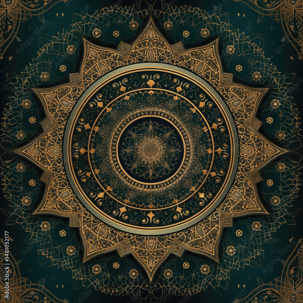 Fototapeta premium Intricate symmetrical design, golden details against teal background. Geometric patterns radiate outward