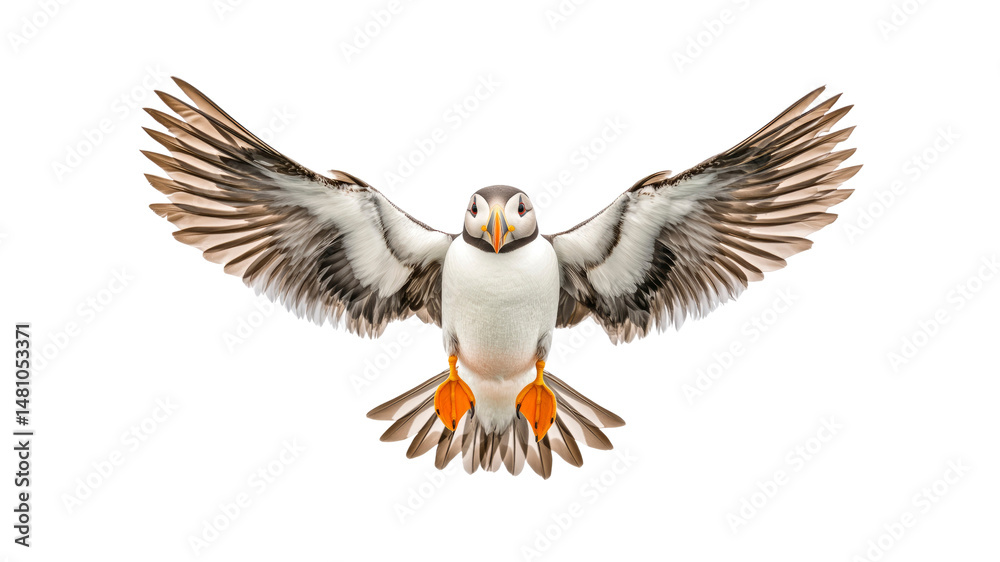Fototapeta premium Atlantic Puffin in Flight, Wings Spread Wide, Isolated on Transparent Background