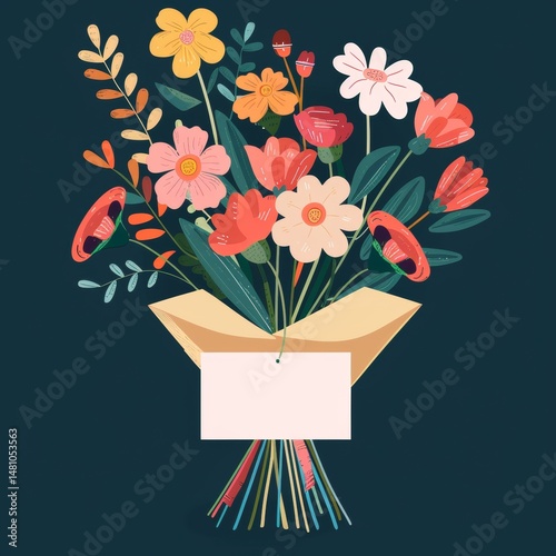 flat design mothers day bouquet and card .