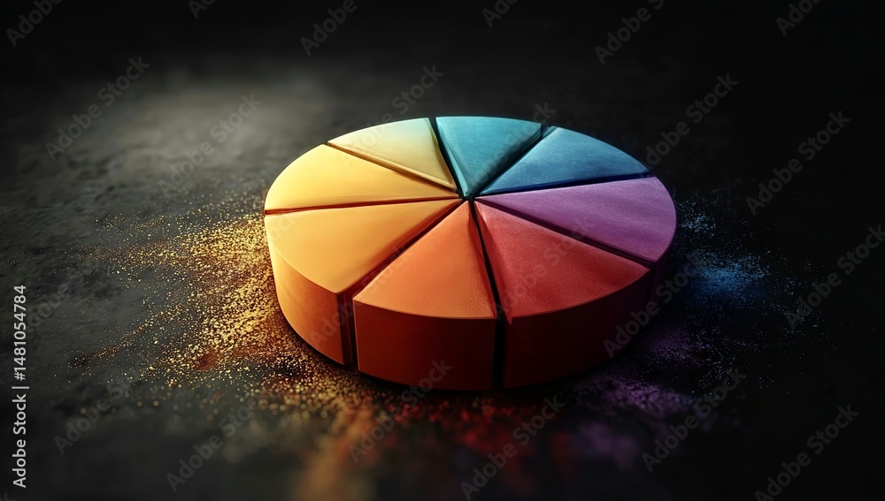 Fototapeta premium A colorful pie chart with each slice representing different marketing scores vanishes into the