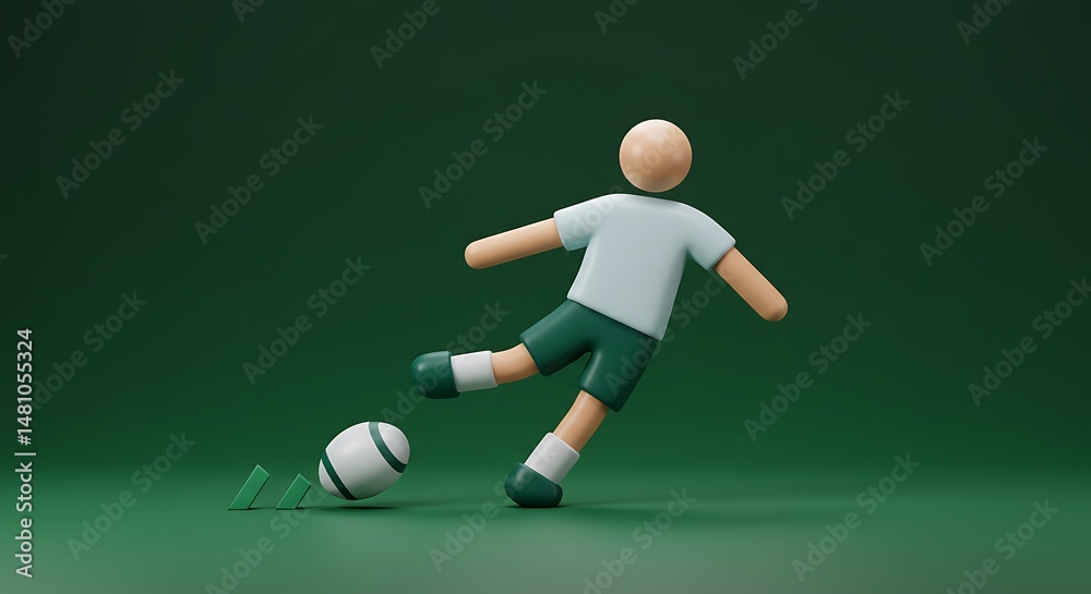 Fototapeta premium Cartoon Figure Kicking Ball Sport Action on Green Background