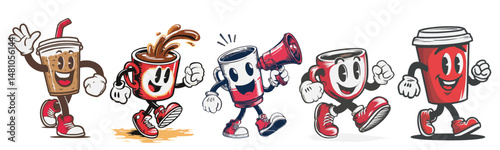 vintage retro style coffee cup cartoon mascot character with expressive faces and gestures