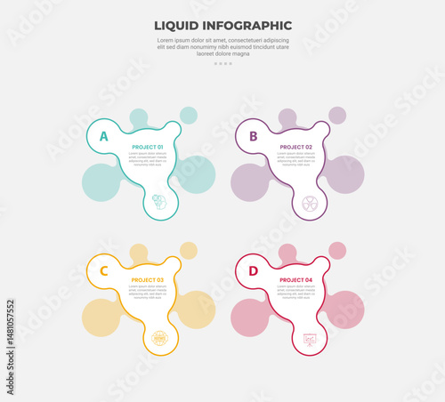 liquid and fluid shape infographic outline style with 4 point template with liquify shape and some transparent shape behind for slide presentation