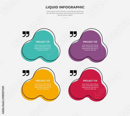 liquid and fluid shape infographic outline style with 4 point template with cloud bubble shape with quote sign for slide presentation