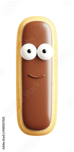 Cartoon smiling chocolate eclair with eyes on yellow pastry base, cut out - stock png.