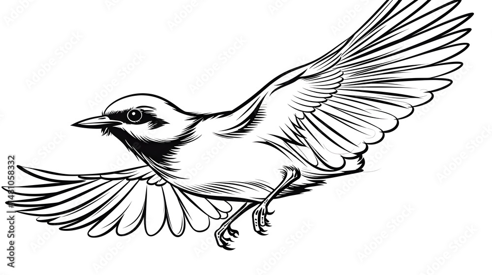 Naklejka premium Detailed Freehand Drawn Cartoon of a Black and White Flying Bird