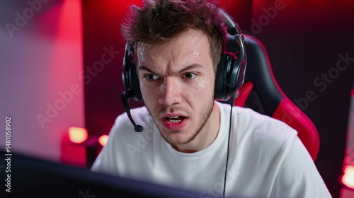 Young man focused on gaming with headset in modern gaming setup. eSports player