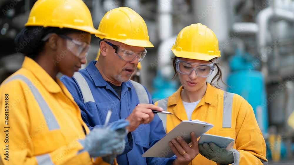 A collaborative scene of engineers discussing plans with digital tablets in a factory setting, representing teamwork in industrial innovations and safety solutions. A collaborative scene of engineers discussing plans with digital tablets in a factory setting, representing teamwork in industrial innovations and safety solutions.
