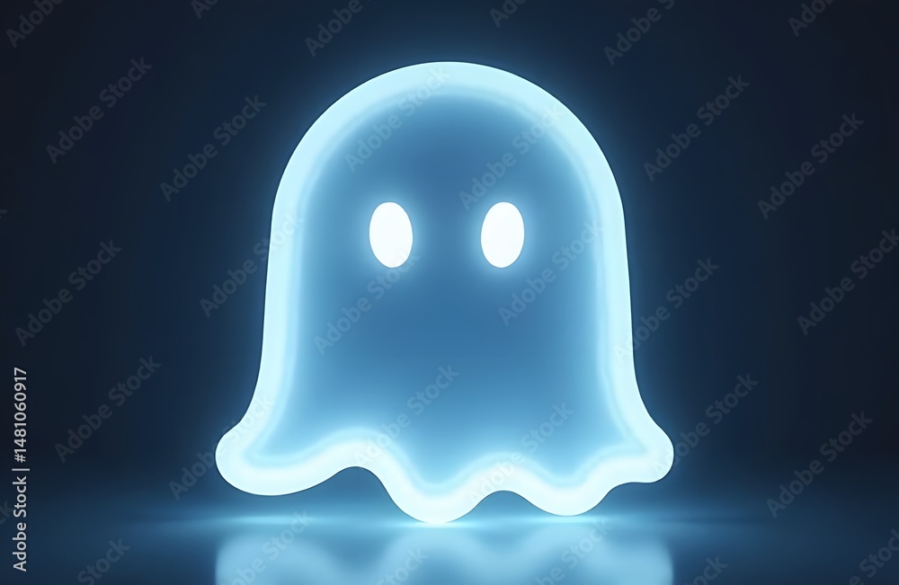 Fototapeta premium Neon ghost emoji style face simple glowing white