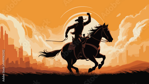 A silhouette of a rodeo cowboy riding a bucking horse with one arm raised against a dramatic sunset, isolated on white background