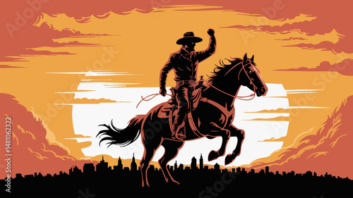 A silhouette of a rodeo cowboy riding a bucking horse with one arm raised against a dramatic sunset, isolated on white background