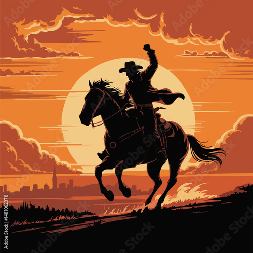 A silhouette of a rodeo cowboy riding a bucking horse with one arm raised against a dramatic sunset, isolated on white background