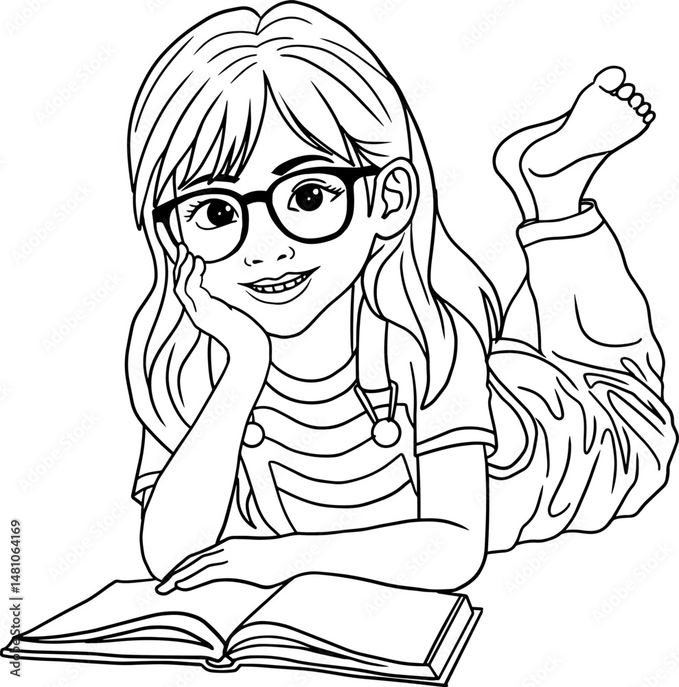 girl reading while lying down line vector illustration girl reading while lying down line vector illustration