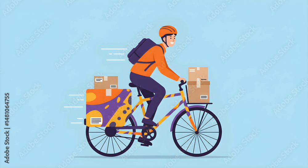 Naklejka premium Courier riding bicycle delivering parcels quickly through the city.