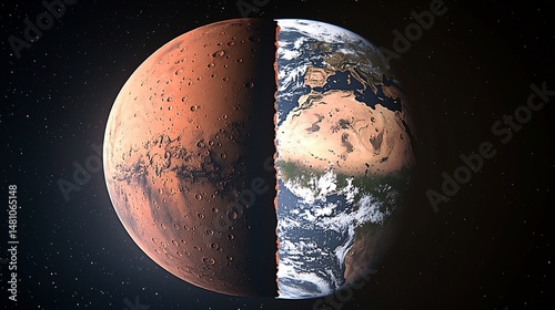 Side by side of Mars and Earth showing lack of plate tectonics on Mars comparative planetary render digital render