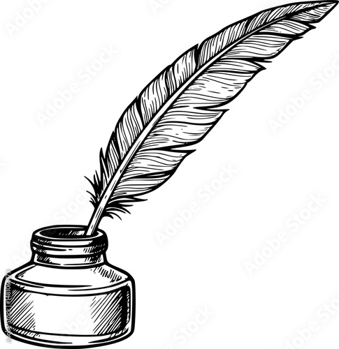 Elegant Blue Quill Pen in Ink Bottle, Writing, Art, Stationery
vector illustration