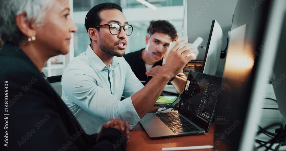 Coding, laptop and people in group discussion in office for help, web development or training with mentor. Team, planning and programmer with idea for software project, coaching and business advice