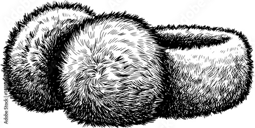 Bushy gray fox fur, furry striped brushes and pompoms, fuzzy and flocky hair shapes, winter design elements isolated on white background. Vector illustration 