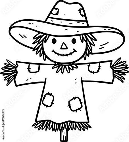 Friendly Scarecrow: A cheerful scarecrow stands tall in a field of tall grass, wearing a wide-brimmed hat and overalls.
