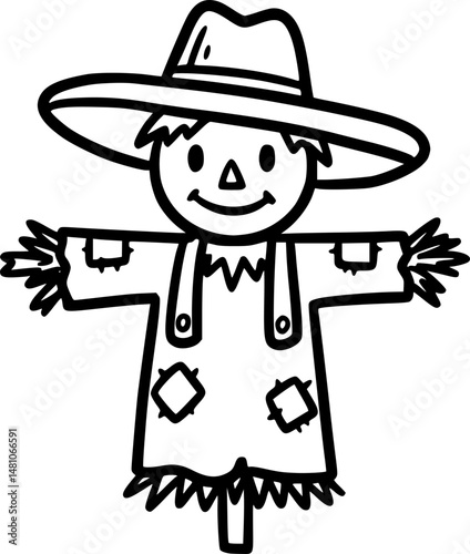 Friendly Scarecrow: A cheerful scarecrow stands tall in a field of tall grass, wearing a wide-brimmed hat and overalls.
