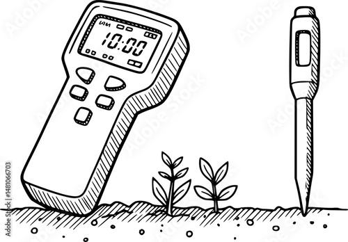 Create a bold, vector illustration of a soil pH meter, emphasizing its metallic structure and sharp lines. Include detailed, accurate components.
