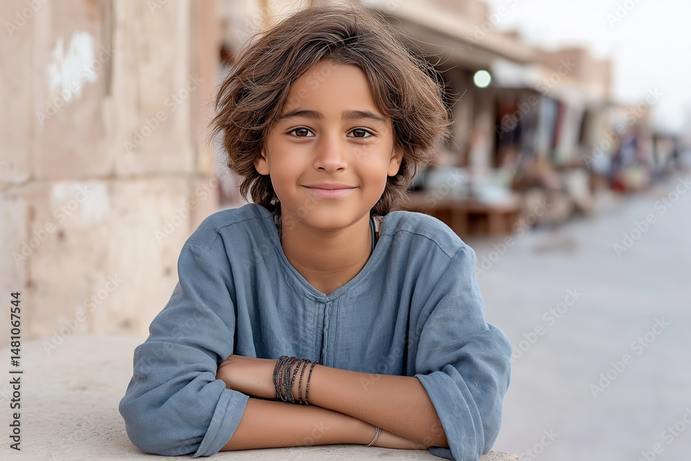Fototapeta premium Young boy with tousled hair, wearing a blue shirt, leans on a stone wall, smiling warmly, surrounded by a bustling market atmosphere, embodying hope and resilience
