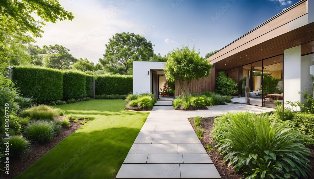 Naklejka premium modern garden pathway leads to contemporary house surrounded by lush greenery and open space in bright daylight
