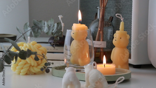 Lit Bear Shaped Candle with Cozy Home Decor and Reed Diffuser, Beeswax candles photo